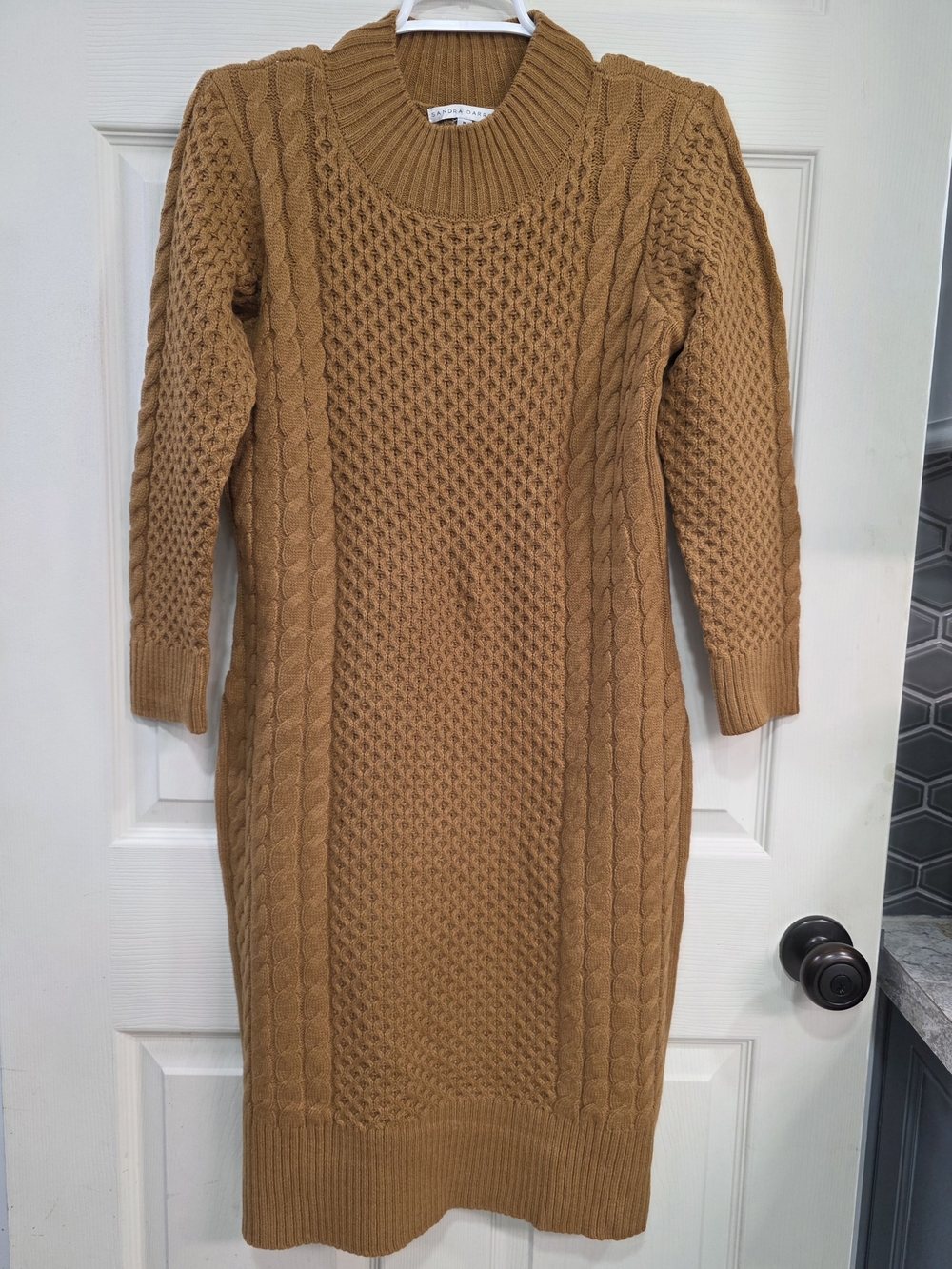 Sandra Darren Camel Cable-Knit Midi Sweater Dress